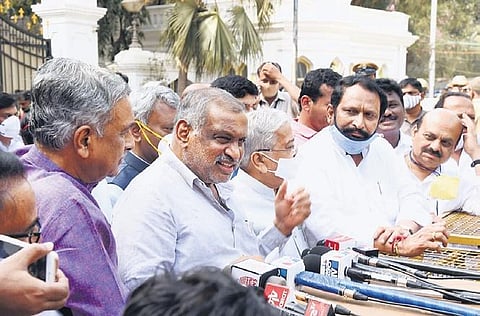 BJP MLA JC Madhu Swamy speaks outside Raj Bhavan on Tuesday | Vinod Kumar T