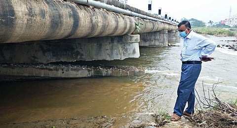 A pier of the Ponnai bridge was damaged due to indiscriminate sand mining and the force of gushing water. (Photo | EPS/S Dinesh)