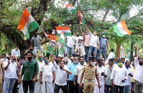 UDF party workers celebrating in front of the counting station at Maharaja's College in Kochi. (Photo | A Sanesh, EPS)