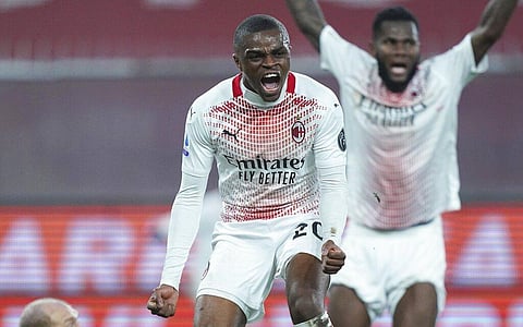AC Milan's Pierre Kalulu celebrates after scoring his side's 2nd goal during the Serie A soccer match between Genoa and AC Milan (Photo | AP)