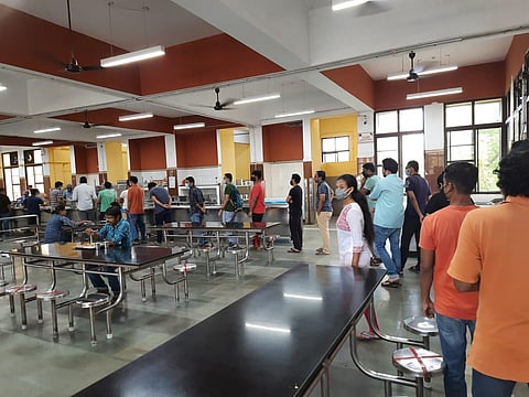 Scene at IIT M canteen where some of the students are seen without masks. It is suspected that overcrowding at Himalayan mess was the reason for the Covid cluster. (Photo | Special Arrangement)