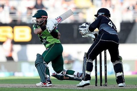Pakistan's Mohammad Rizwan plays a shot during the first T20 international cricket match between New Zealand and Pakistan at Eden Park (Photo | AFP)