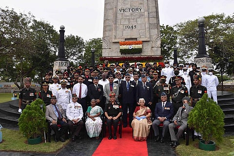 Major General Prakash Chandra, Officiating General Officer Commanding Dakshin Bharat Area, and other officers paid homage at Victory War Memorial. (Photo | Express)