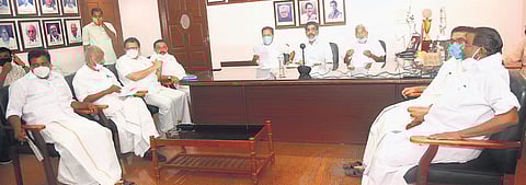 KPCC president Mullappally Ramachandran addresses the Political AffairsCommittee meeting in Thiruvananthapuram on Thursday. (Photo | EPS)