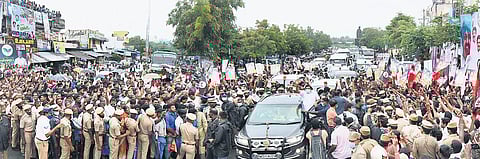 CM Palaniswami was given a grand welcome by people who had gathered in large numbers during his visit to Perambalur.