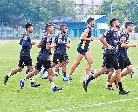Chennaiyin FC players during a training session. (Photo | EPS/D sampathkumar)