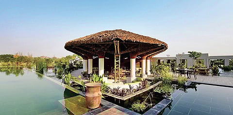 Seating area by a water body