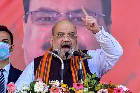 Union Home Minister Amit Shah addresses during an election rally ahead of West Bengal Assembly polls 2021. (Photo | PTI)