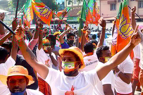 BJP workers celebrating infront of counting station at Koyilandy in kozhikode. (File Photo | T P Sooraj, EPS)