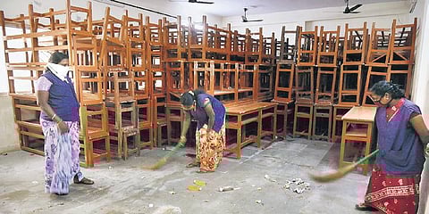 Covid care centre at a college being cleaned ahead of college reopening, in Chennai on Tuesday | R Satish babu