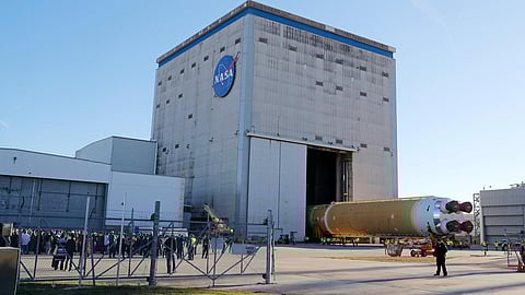 A component of NASA’s Space Launch System in January as it was being prepared for a move from the Michoud Assembly Facility in New Orleans to the Stennis Space Center in Mississippi. (File Photo | AP)