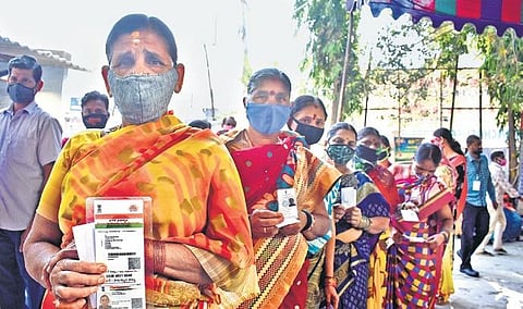 Women lined up to cast their vote for the GHMC election at Panja Sheela High School in Moosapet on Tuesday | S Senbagapandiyan