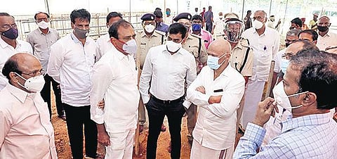 Additional EO AV Dharma Reddy, MLA B Karunakar Reddy and Urban SP Avula Ramesh Reddy inspecting ticket issue counters in Tirupati. (Photo | Express)