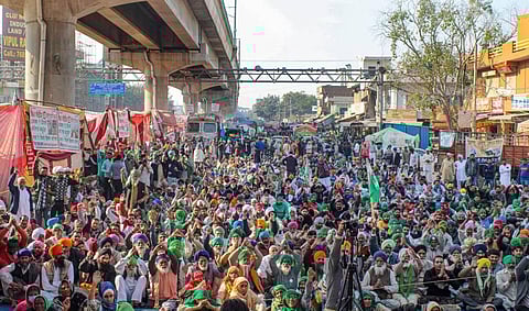 Farmers gather at Tikri border during their sit-in protest against the Centre's farm reform laws in New Delhi Saturday Dec. 19 2020. (Photo | PTI)