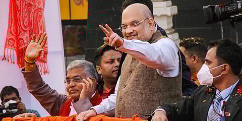 Union Home Minister Amit Shah during a roadshow ahead of West Bengal assembly polls 2021 at Bolpur in Birbhum district Sunday Dec. 20 2020. (Photo | PTI)