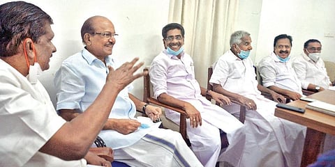 Kerala Congress leader PJ Joseph, IUML's PK Kunhalikutty, KPCC president Mullappally Ramachandran, Oommen Chandy, Ramesh Chennithala and UDF convener MM Hassan during the UDF meet at Cantonment House