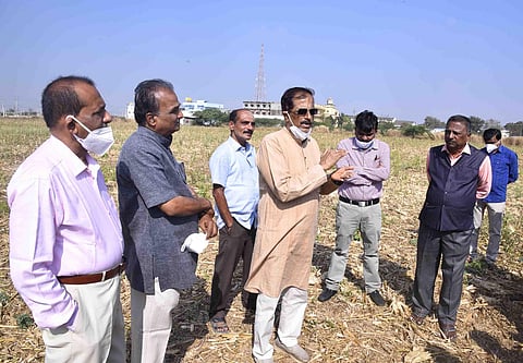 Kannada Sahitya Parishad president Manu Baligar inspects the site in Haveri where the literary event will be held (Photo | Express)