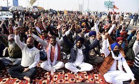 armers shout slogans during a protest against the central government's recent agricultural reforms at the Delhi-Uttar Pradesh state border in Ghazipur on December 20 2020. (Photo | Parveen Negi/EPS)