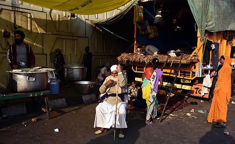 A farmer during a protest against the new farm laws at Ghazipur Border in New Delhi on Sunday Dec. 20 2020. (Photo | Parveen Negi/EPS)