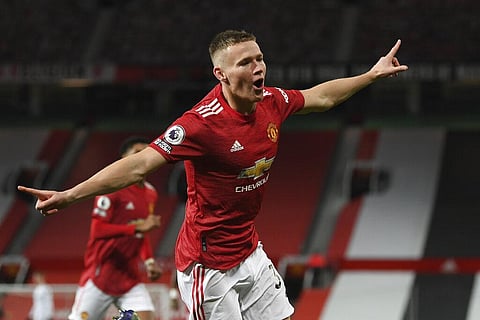 Manchester United's Scott McTominay celebrates his side's second goal during match against Leeds United at the Old Trafford stadium in Manchester, England, Sunday Dec. 20, 2020. (Photo | AP)