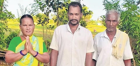 Shiva Prakash (centre) with his parents at their village in Tamil Nadu. (Photo | EPS)