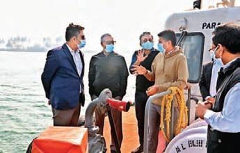 Chief Secretary Asit Tripathy, 5T Secretary VK Pandian and other officials review the Mahanadi riverine port project at Paradip in Jagatsinghpur on Sunday | Irfana