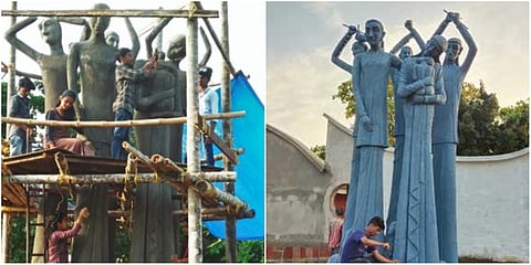 MC Chitraraj working on the A Kiss for the Grandma (L) and a 22-ft tall concrete sculpture (R). (Photo| EPS)