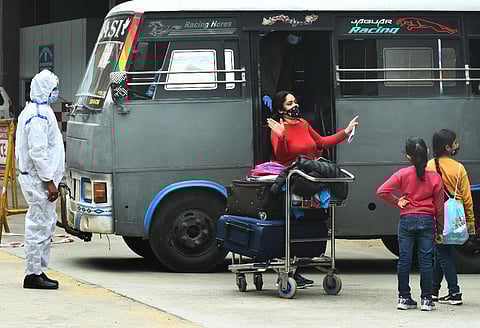 Passengers from UK being taken to quarentine centre after one of them tested positive with new Covid strain on Tuesday (Photo | EPS/Ashwin Prasath)