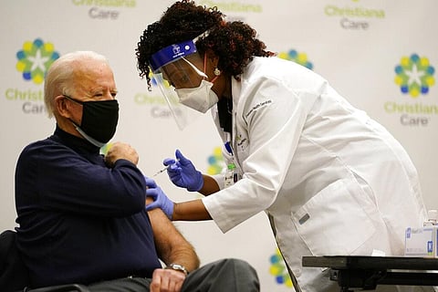 US President-elect Joe Biden receives his first dose of the coronavirus vaccine at ChristianaCare Christiana Hospital in Newark, Del., Monday, Dec. 21. (Photo | AP)