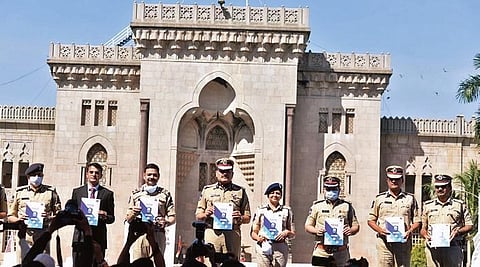 Hyderabad Commissioner of Police Anjani Kumar and other officials release the city's annual crime report, at Osmania University on Monday.