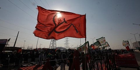 Flag of All India Kisan Sangh AIKS placed at Ghazipur border during farmers' protest against the new farm laws in New Delhi. (Photo | Shekhar Yadav, EPS)