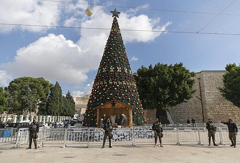 A Palestinian National security unit is deployed in Manger Square, adjacent to the Church of the Nativity, traditionally believed by Christians to be the birthplace of Jesus Christ. (Photo | AP)