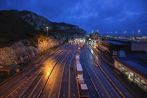 Trucks queue at the check in point before entering the Port of Dover in Dover, England, Thursday, Dec. 24, 2020. (Photo | AP)