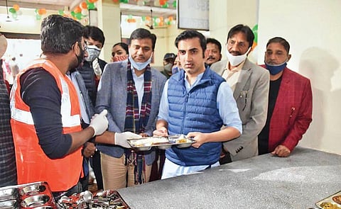 BJP MP Gautam Gambhir at the opening of Jan Rasoi on Thursday. (Photo | EPS)