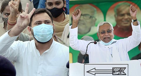 RJD leader Tejashwi Yadav (L) and JDU supremo and Bihar CM Nitish Kumar. (Photo | PTI)