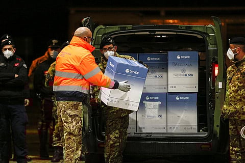 The vaccines for COVID-19 arrive at the military airport of Pratica di Mare, Saturday, Dec. 26, 2020, in Rome, Italy. (Photo | AP)