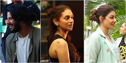 (From left) Dulquer Salmaan, Aditi Rao Hydari and Kajal Aggarwal on the sets of 'Hey Sinamika'. (Photo| Twitter)