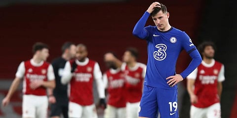 Chelsea's Mason Mount waits for the restart the game after arsenal scored their 3rd goal of the match during their EPL match against Arsenal at the Emirates stadium in London. (Photo | AP)