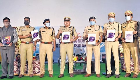 Rachakonda Commissioner of Police Mahesh Bhagwat, along with other officials, release the Cyber Yodha poster in Hyderabad on Monday