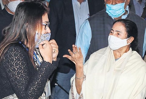 West Bengal Chief Minister Mamata Banerjee talking with party’s MP Satabdi Roy on the sidelines of an administrative meeting at Bolpur in Birbhum | PTI
