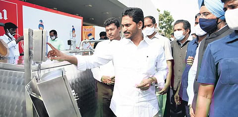 Andhra Pradesh Chief Minister YS Jagan Mohan Reddy during the launch of AP-Amul Paala Velluva at Secretariat in Velagapudi on Wednesday. (Photo | EPS)