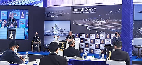 Navy Chief Admiral Karambir Singh addressing a press conference ahead of Navy Day (Photo | Express)