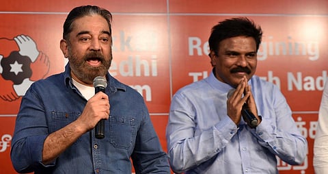 MNM Chief Kamal Haasan and Former IAS officer Santhosh Babu during the press meet in Chennai. (Photo | R Satish Babu, EPS)