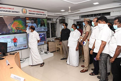 Information and Publicity Minister Kadambur C Raju atthe 24-hour emergency operations centre (Photo | EPS)