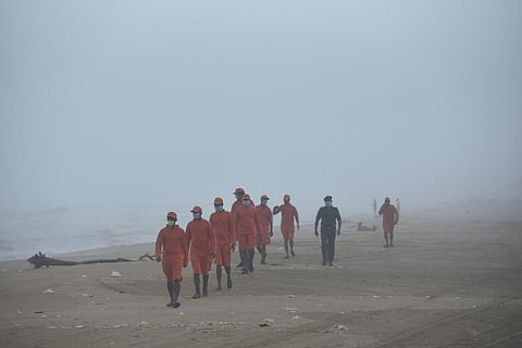 NDRF personnel making surveillance at Marina Beach ahead of cyclone Burevi, in Chennai on Thursday. (Photo | EPS/R.Satish Babu)