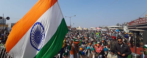 Farmers during their ongoing Delhi Chalo agitation against the new farm laws, at the Singhu border in New Delhi. (Photo | Shekhar Yadav, EPS)