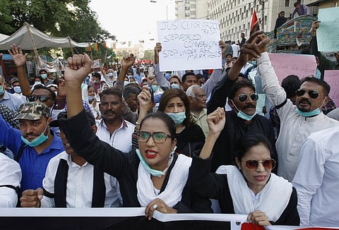Pakistani Christians protest against child marriage and forced conversion, in Karachi, Pakistan, Nov. 8, 2020. (Photo | AP)