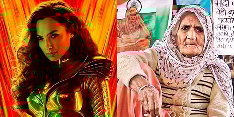 Gal Gadot in and as' Wonder Woman 1984' (L) and Shaheen Bagh's Bilkis Bano (R) (Photo | Twitter)