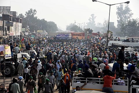 Farmers during their Delhi Chalo protest against new farm laws at Delhi-Haryana Singhu border in New Delhi on Thursday Dec. 3 2020. (Photo | Parveen Negi/EPS)