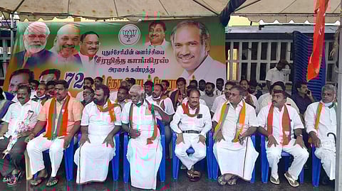 The Puducherry unit of the BJP sitting on a 72-hour dharna (Photo | Express)
